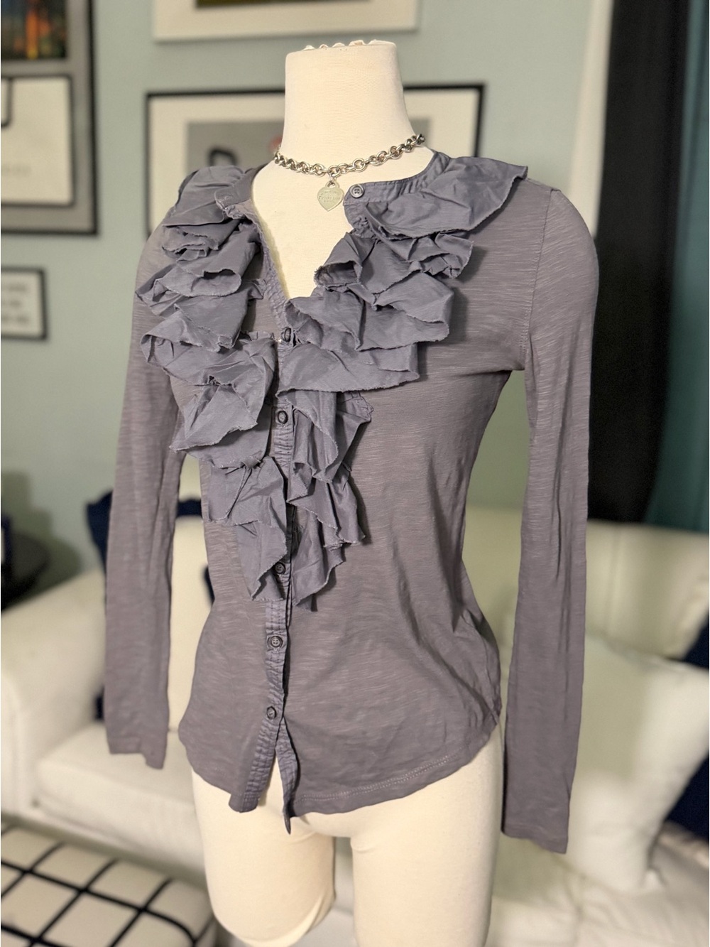 Y2K LOFT Ruffle Front Button-Down Top - Gray S